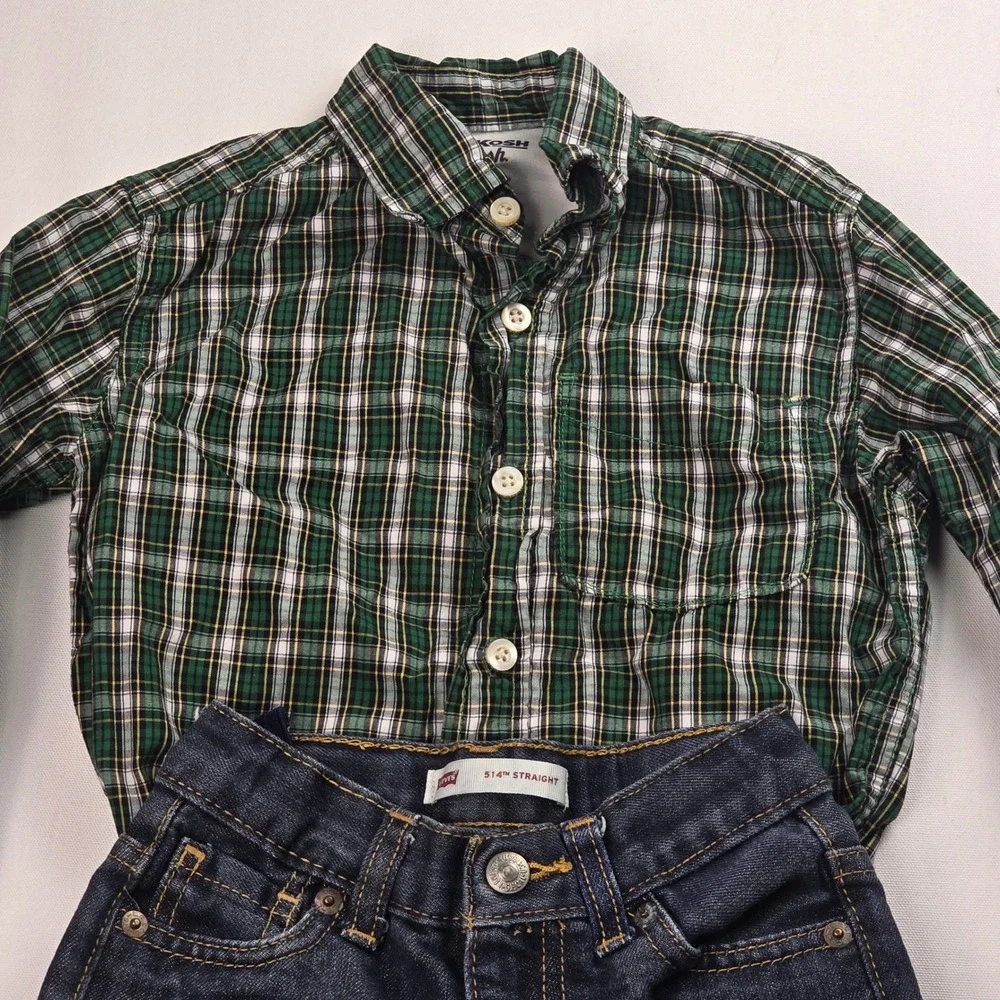 Boys OshKosh Plaid Shirt and Levis 514 Straight Jeans Set Green Blue Size 4T‎